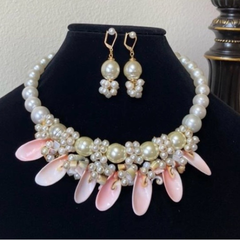 Elegant Pearl and Pink Shell Necklace and Earring Set